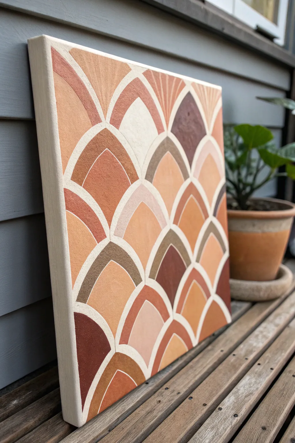 Beginner-friendly acrylic art: repeating arches, diamonds, and waves in modern boho neutrals.