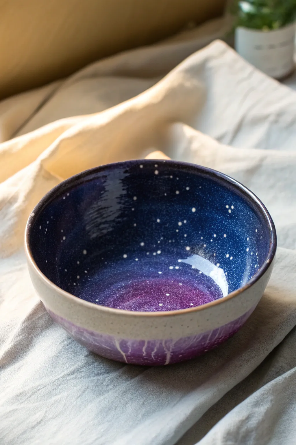 Paint a dreamy galaxy bowl with splattered stars, a simple beginner idea with stunning contrast