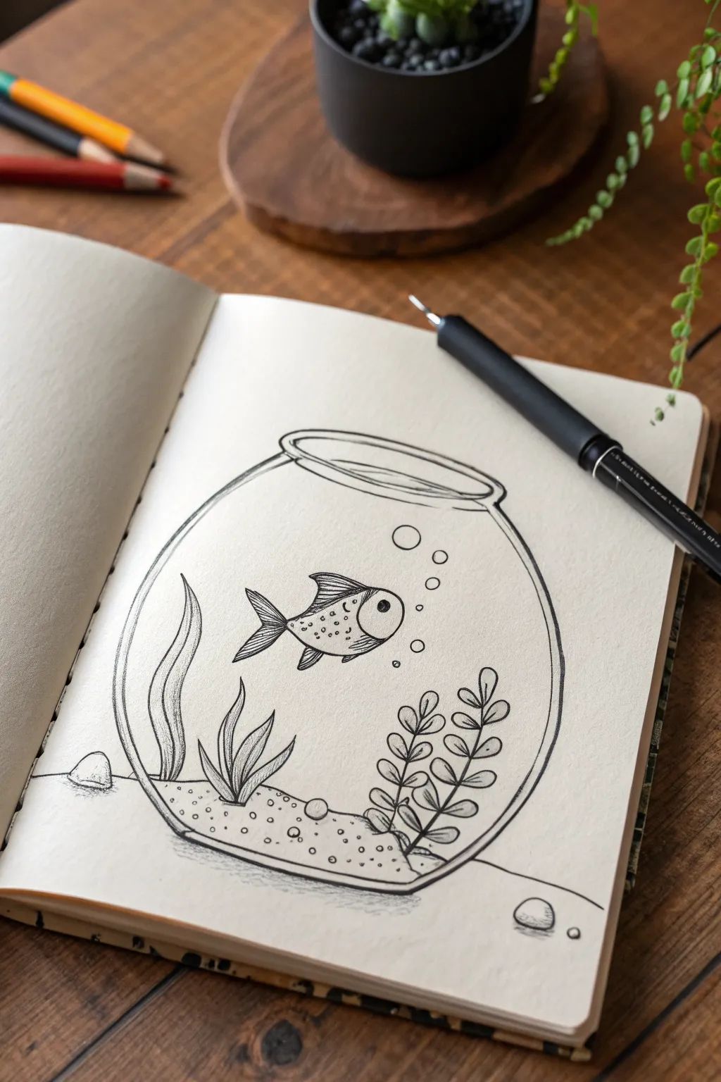 A simple fish bowl mini scene to practice easy lines, bubbles, and basic shapes for beginners.