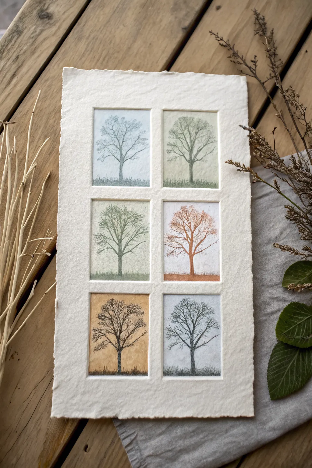 Four mini oil pastel trees showing spring, summer, fall, winter palettes, simple and beginner friendly.