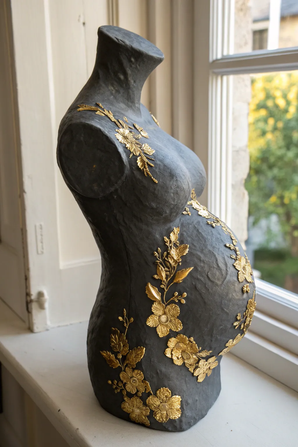 Charcoal belly cast with hand-laid gold leaf edges for an elegant, modern keepsake.