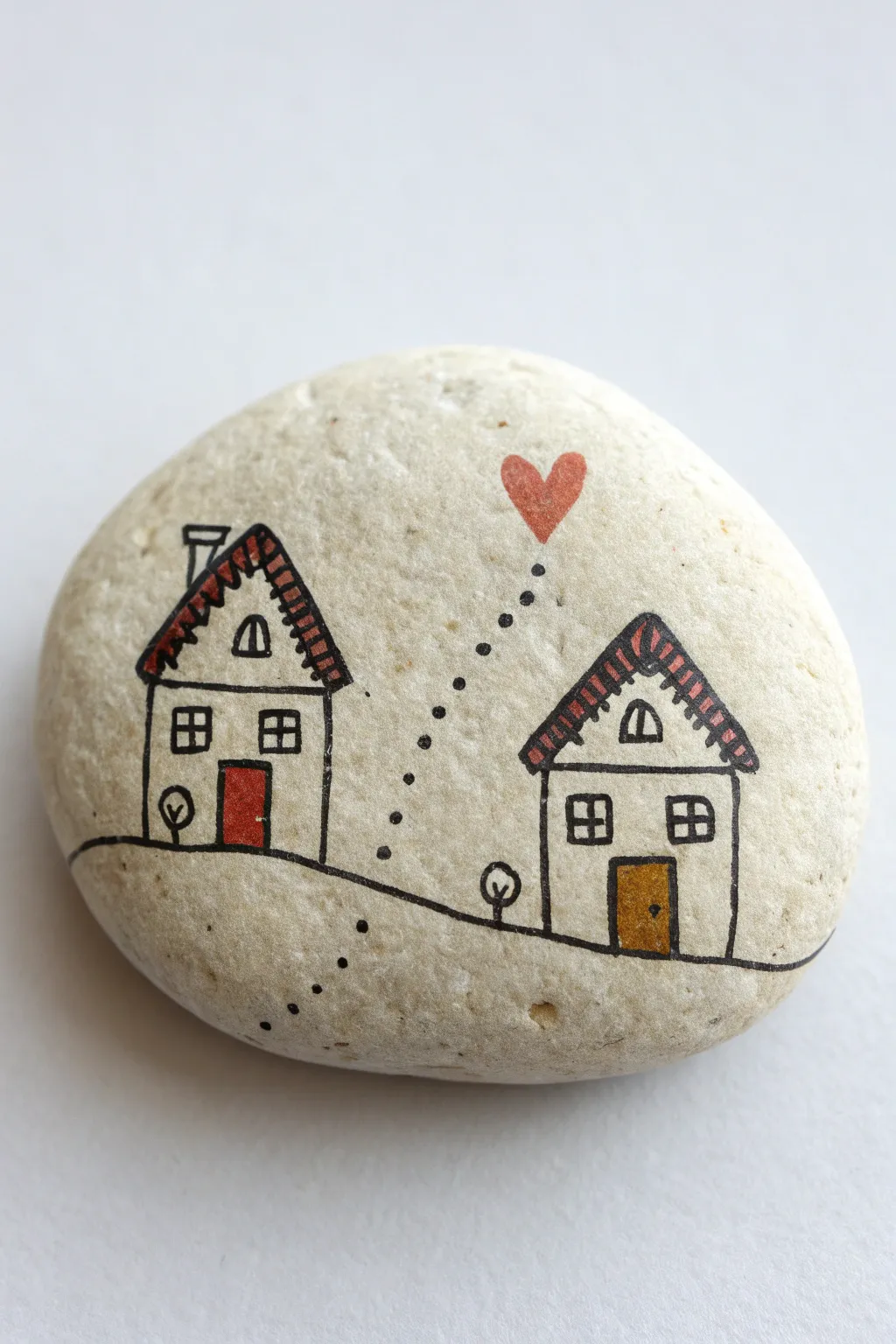 Two tiny houses on one painted rock, linked by a path and heart for sweet best friend vibes