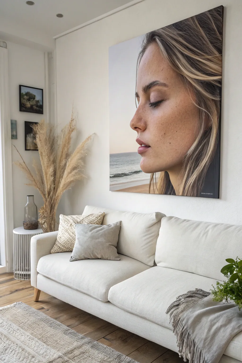 Oversized negative space portrait canvas adds modern drama and calm minimalism to your wall.