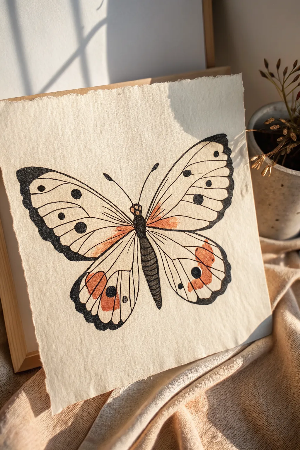 Easy symmetrical butterfly drawing with bold shapes and a soft boho accent wash