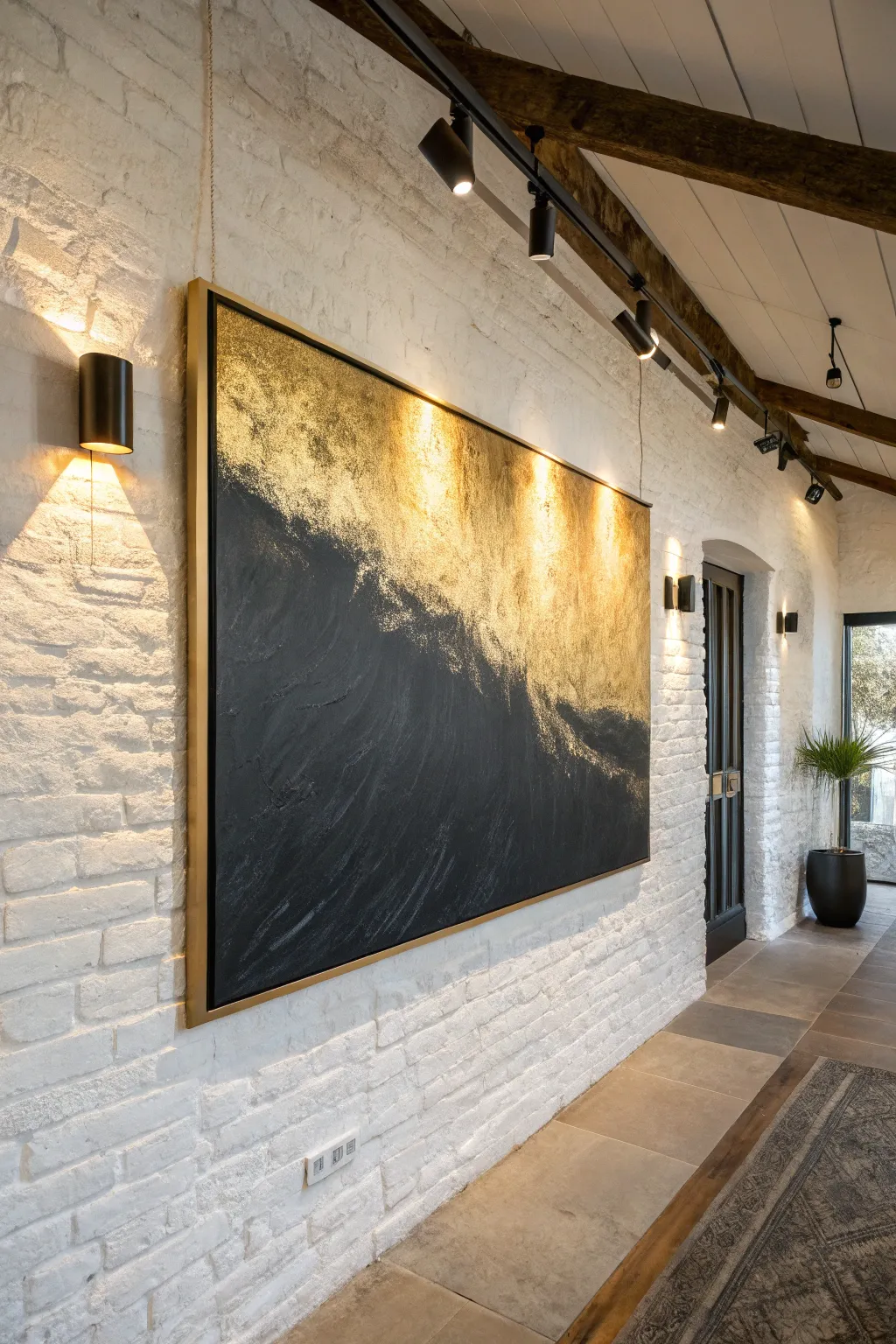 Elevate your space with a dramatic slash of shimmering gold leaf against moody charcoal tones.