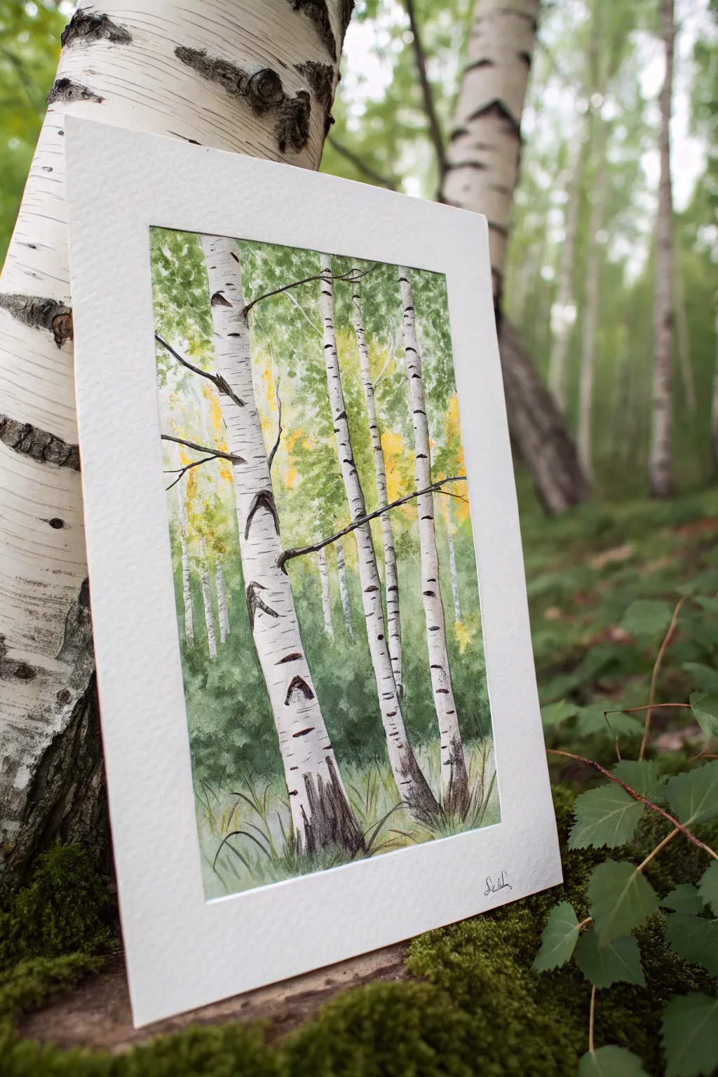 Impasto leaf dabs over crisp birch trunks, Nordic minimal palette with a soft boho touch