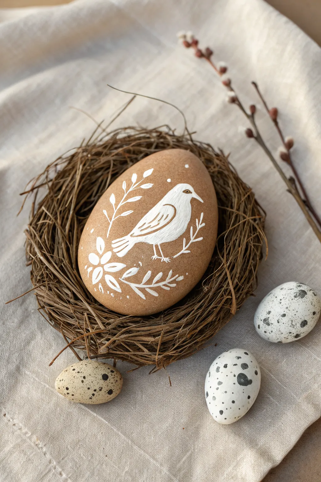 Sweet nest-themed painted rocks: a parent bird stone with tiny egg pebbles in raffia