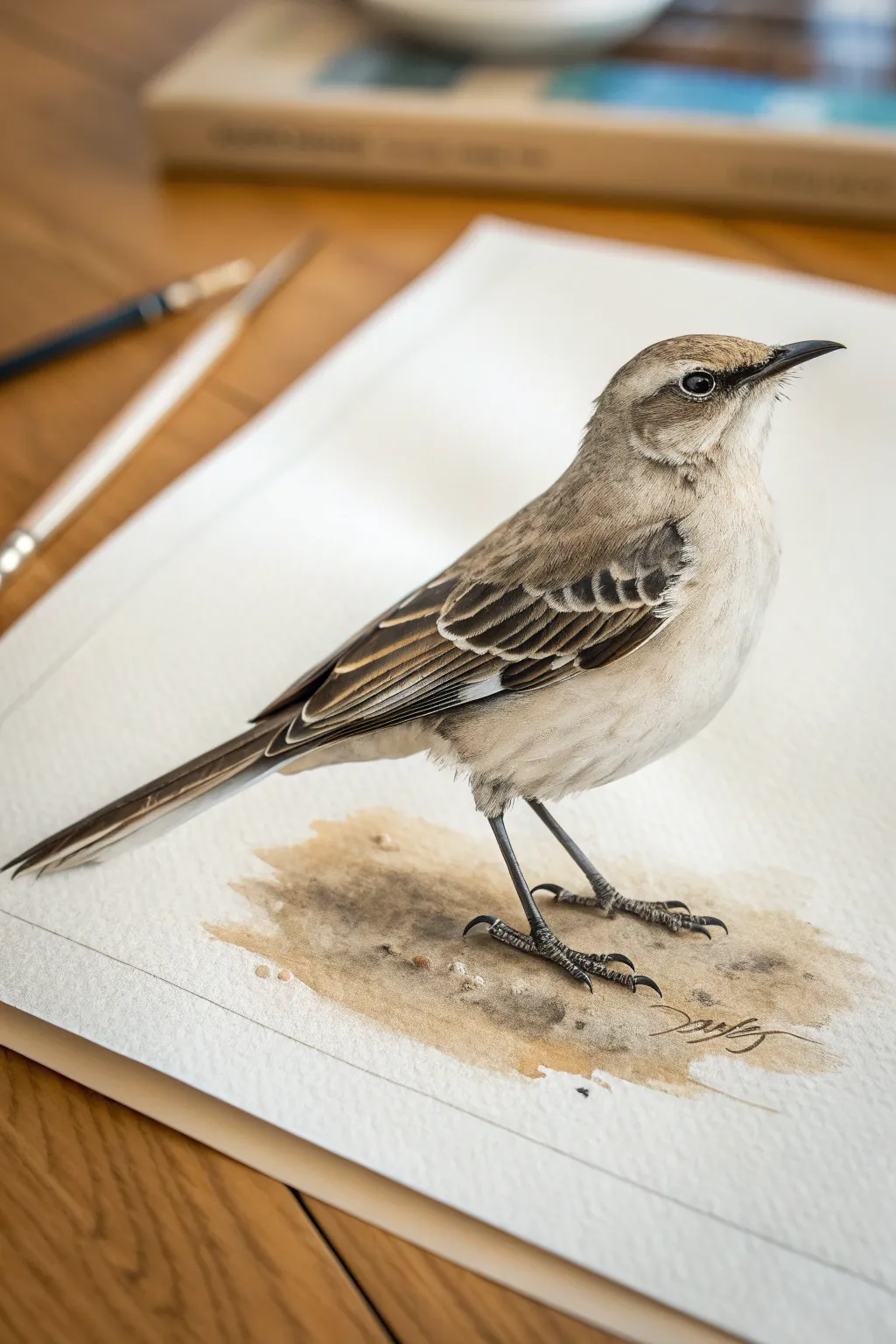 Dry brush feathers and delicate splatter bring this minimalist bird to life with texture.