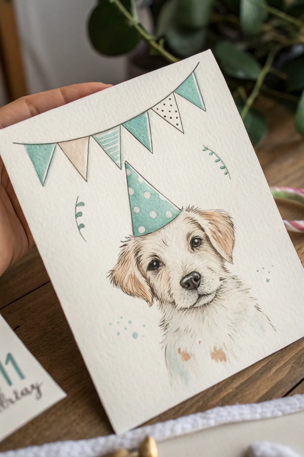 Paint a sweet pet in a tiny party hat for a playful, minimalist birthday card with boho charm