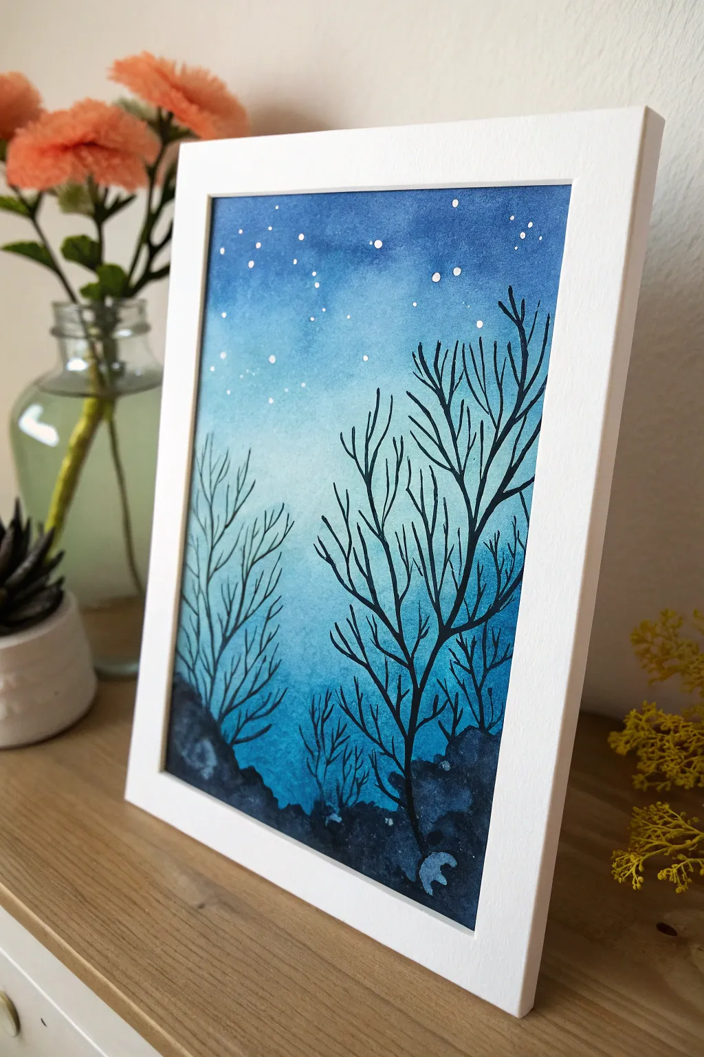 Deep-sea blue glow with bold black coral silhouettes, a minimalist contrast-driven painting idea.