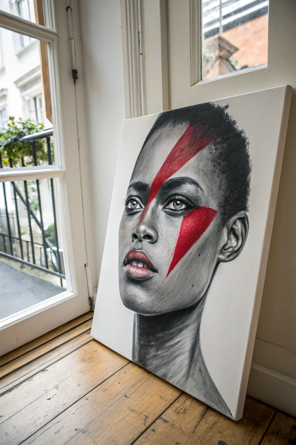 Striking black portrait with a crisp red splash for bold contrast and minimalist boho style.