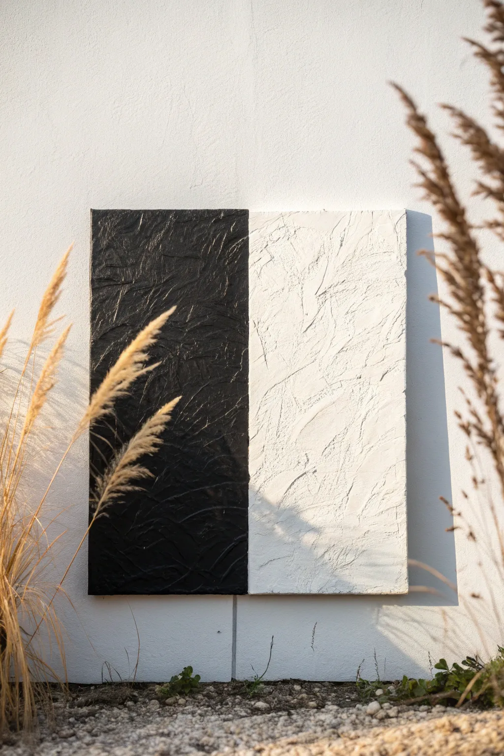 Half black, half white: bold split canvas with sculpted impasto texture and clean minimal style