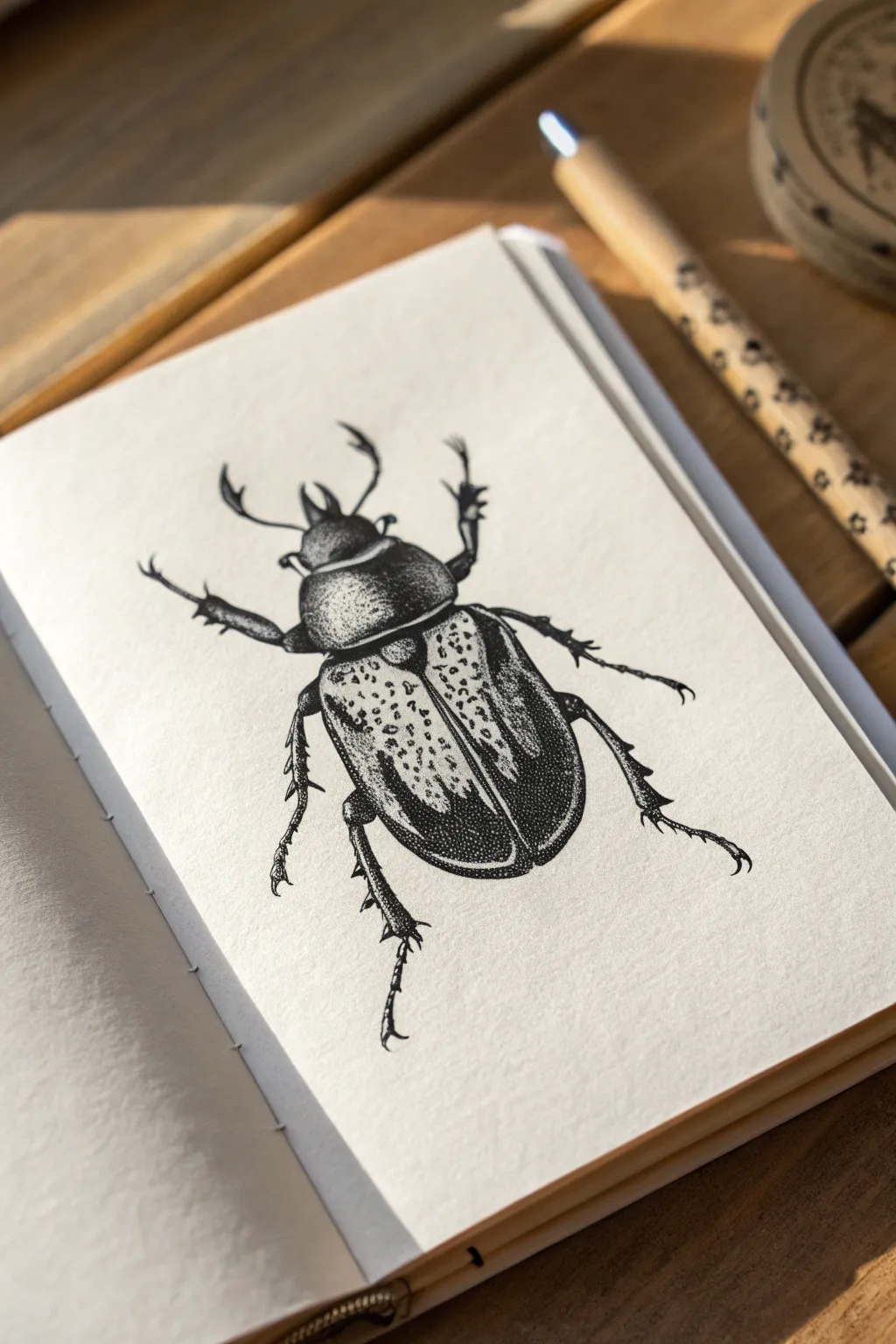 Crisp scientific beetle sketch with fine stippling, clean white space, and elegant contrast.