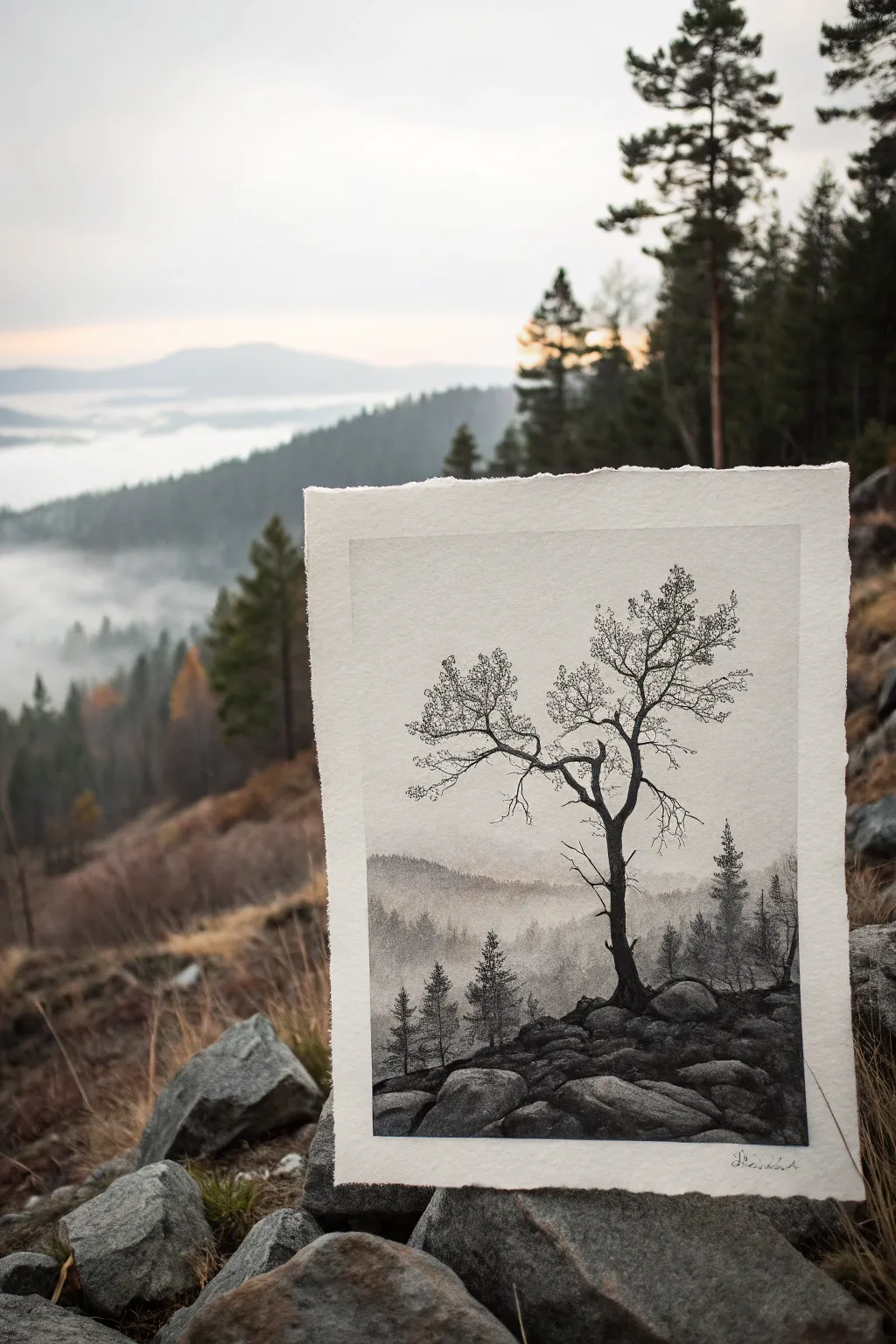 Minimal black and white ink-wash landscape with soft gradients and bold handcrafted marks
