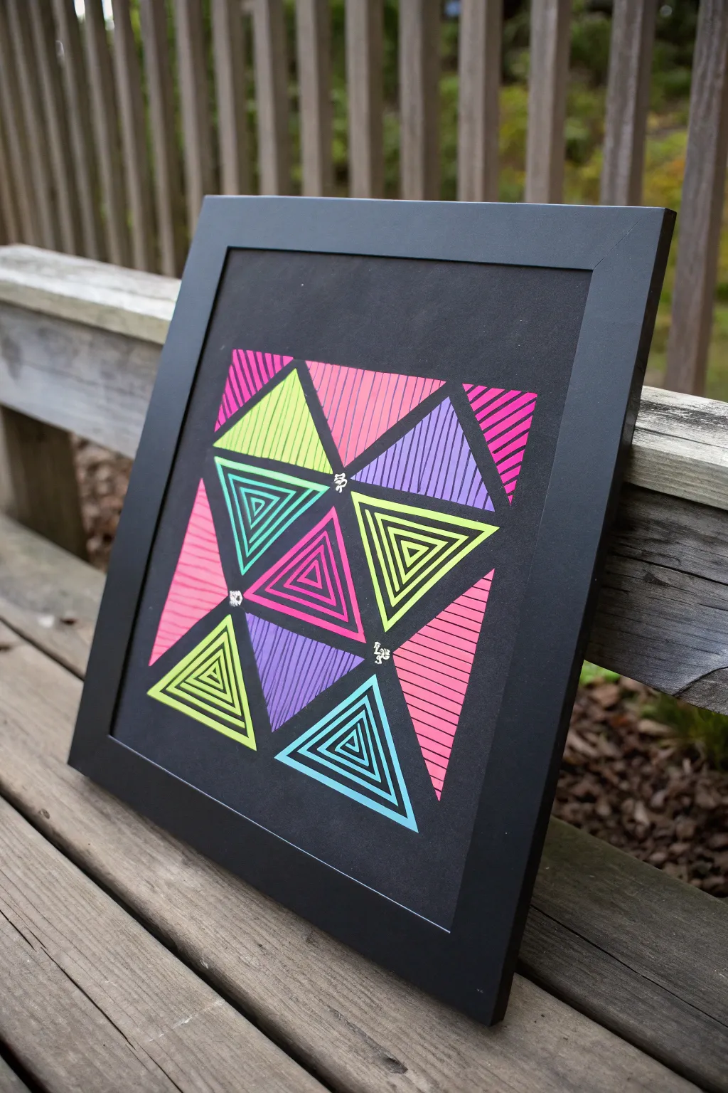 Tape-resist neon geometrics that glow under black light, crisp edges and bold color blocks