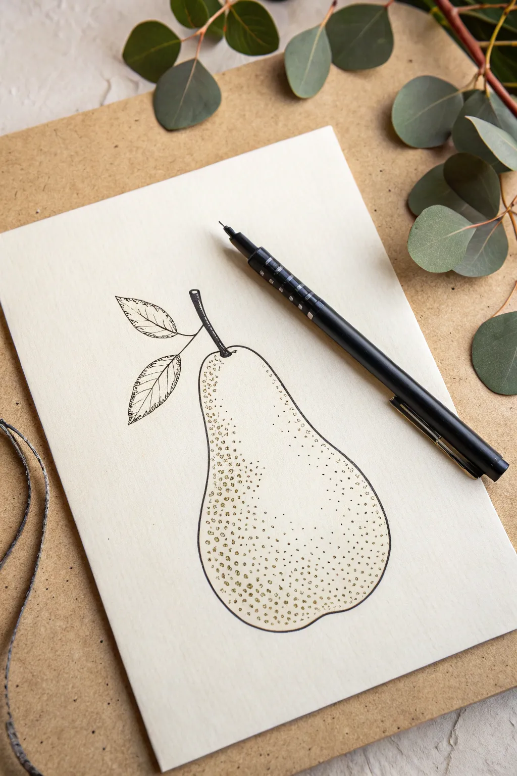 Minimal pear study in black marker: stippling dots build soft shadow and simple form.