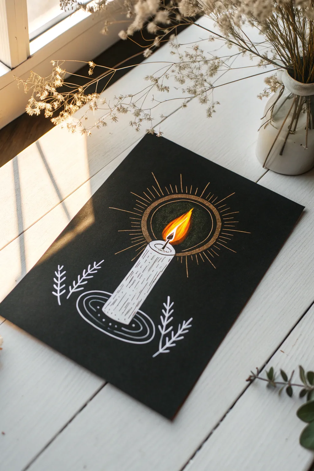Warm layered candle flame drawing on black paper, minimalist contrast with a cozy glow