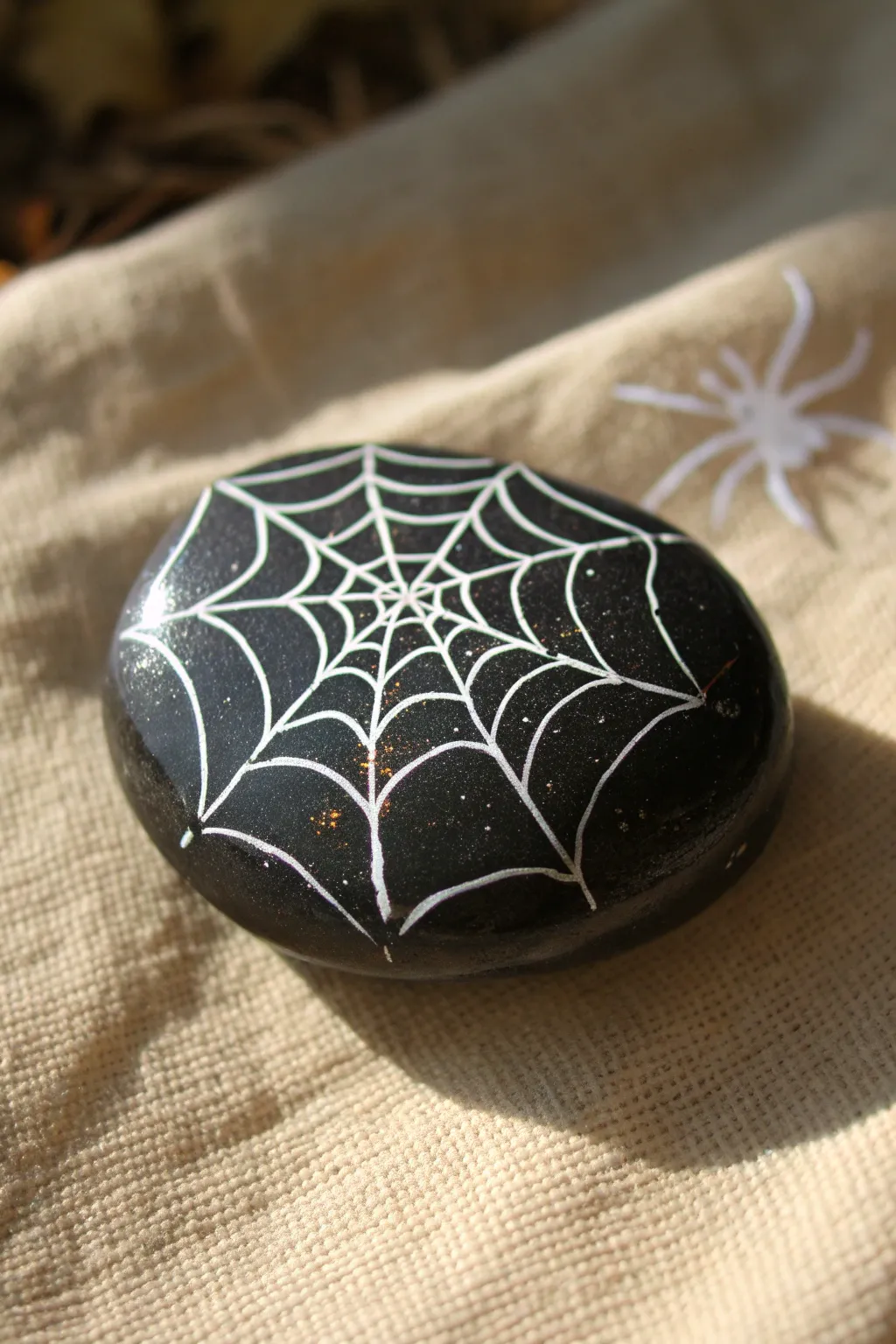 Crisp white spiderweb on a matte black rock, minimalist spooky vibe with dramatic light.