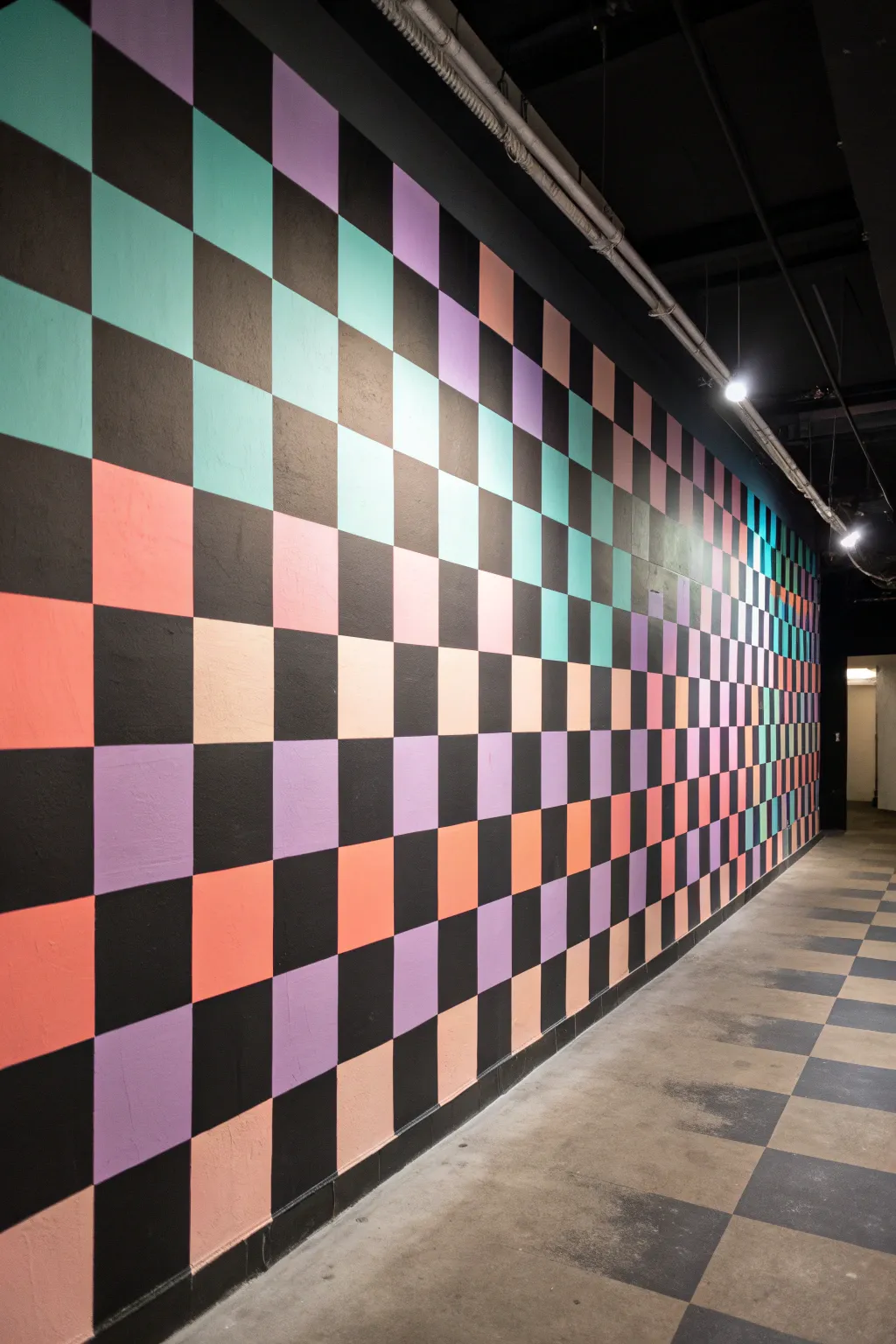 Warped UV checkerboard wall that glows and ripples under blacklight for bold modern contrast