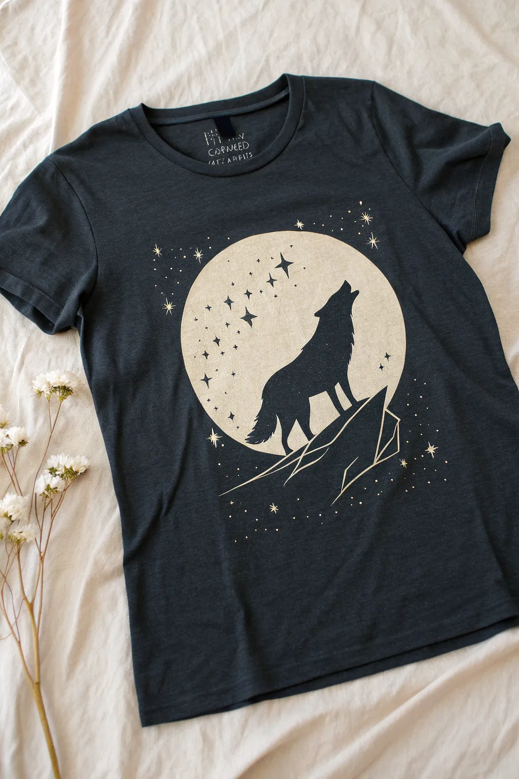 Minimal wolf silhouette on dark tee, filled with bleached stars and speckles for bold contrast