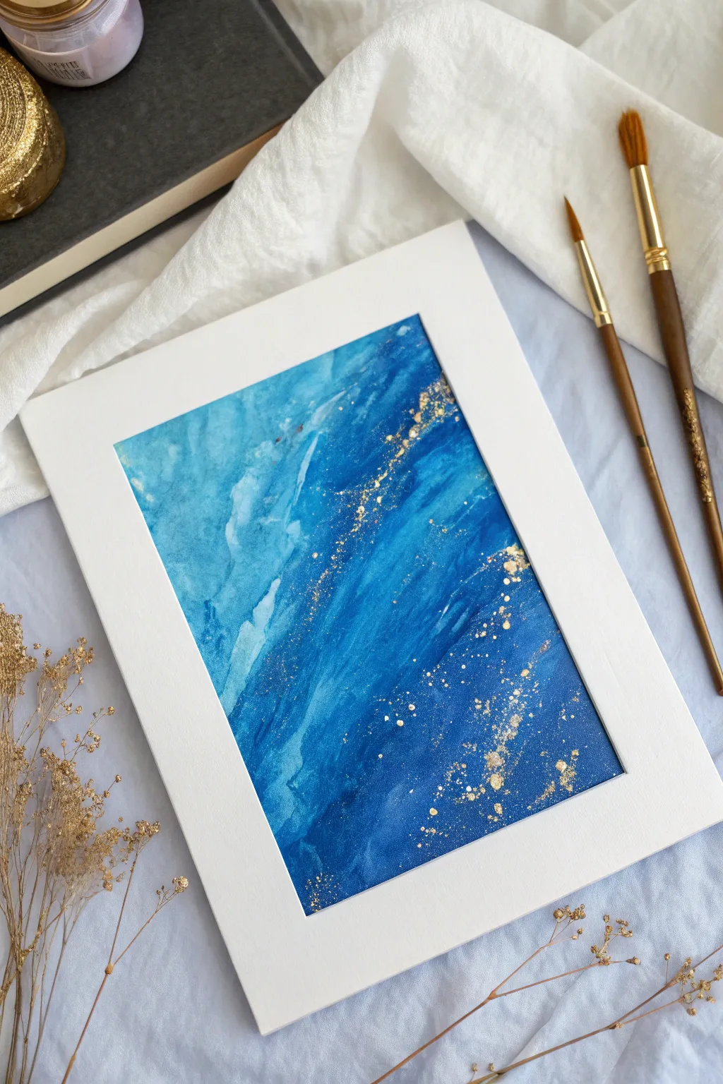 Textured blue canvas with glowing gold accents for minimalist boho background inspiration.