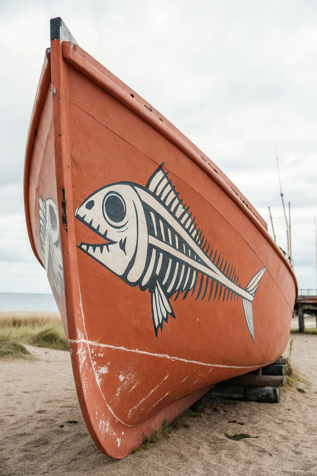 Bright boat hull with skeletal fish mural, crisp silhouette and minimalist coastal craft vibe
