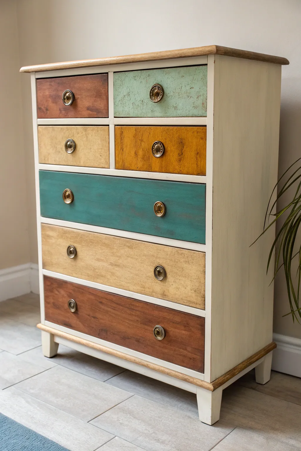 Color-blocked boho dresser in terracotta, teal, and mustard on a clean neutral backdrop