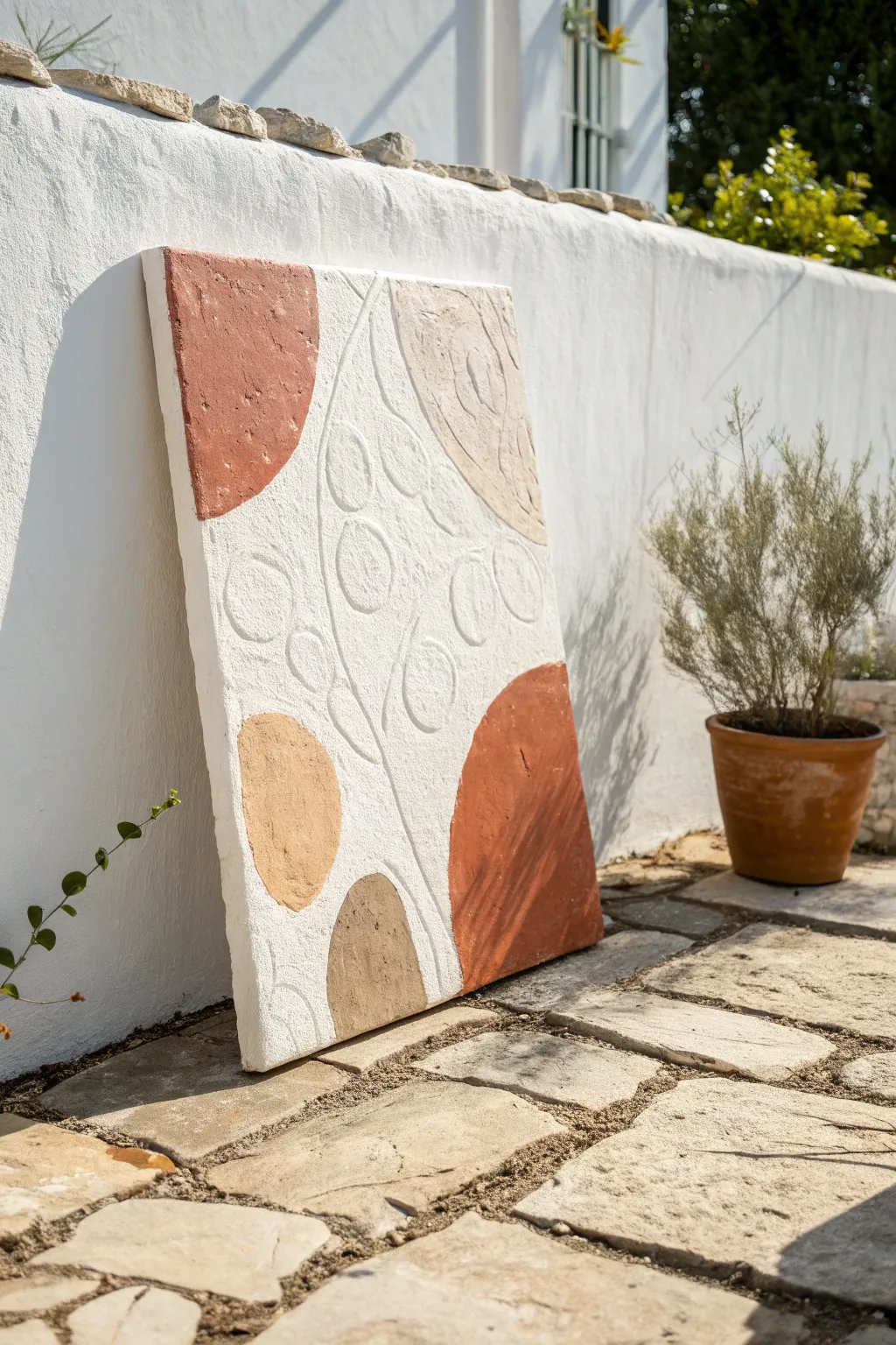 Easy boho wall art: matte plaster texture with warm organic shapes in minimalist neutrals