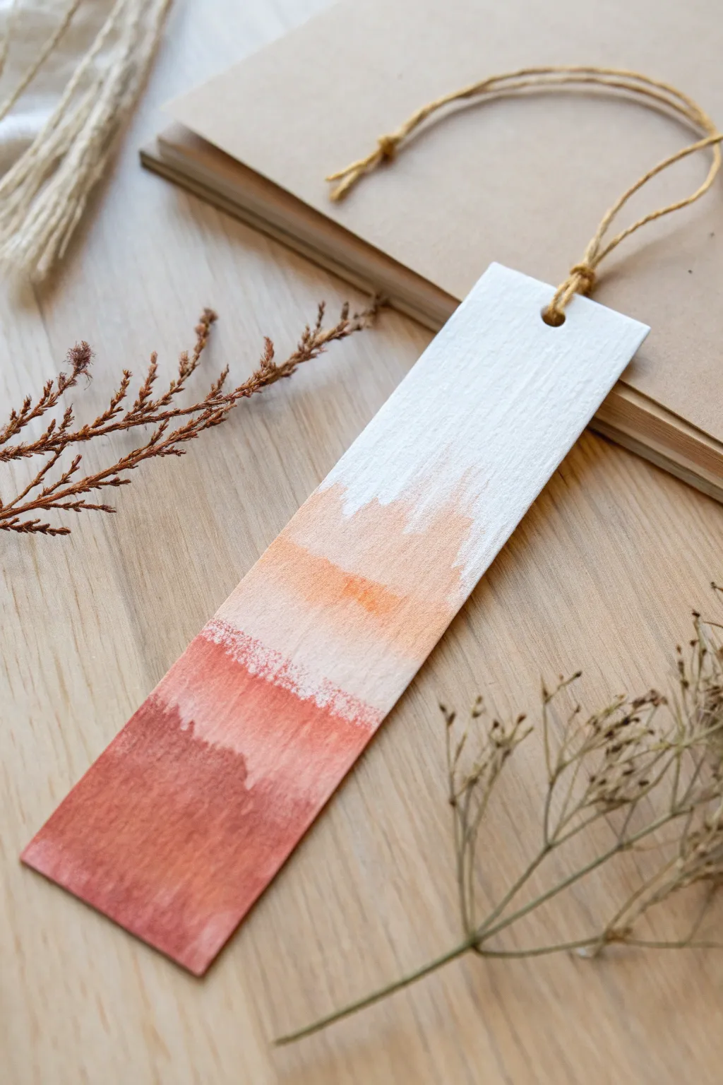 Textured dry-brush gradient bookmark in acrylic, simple Scandinavian calm with a boho warmth.