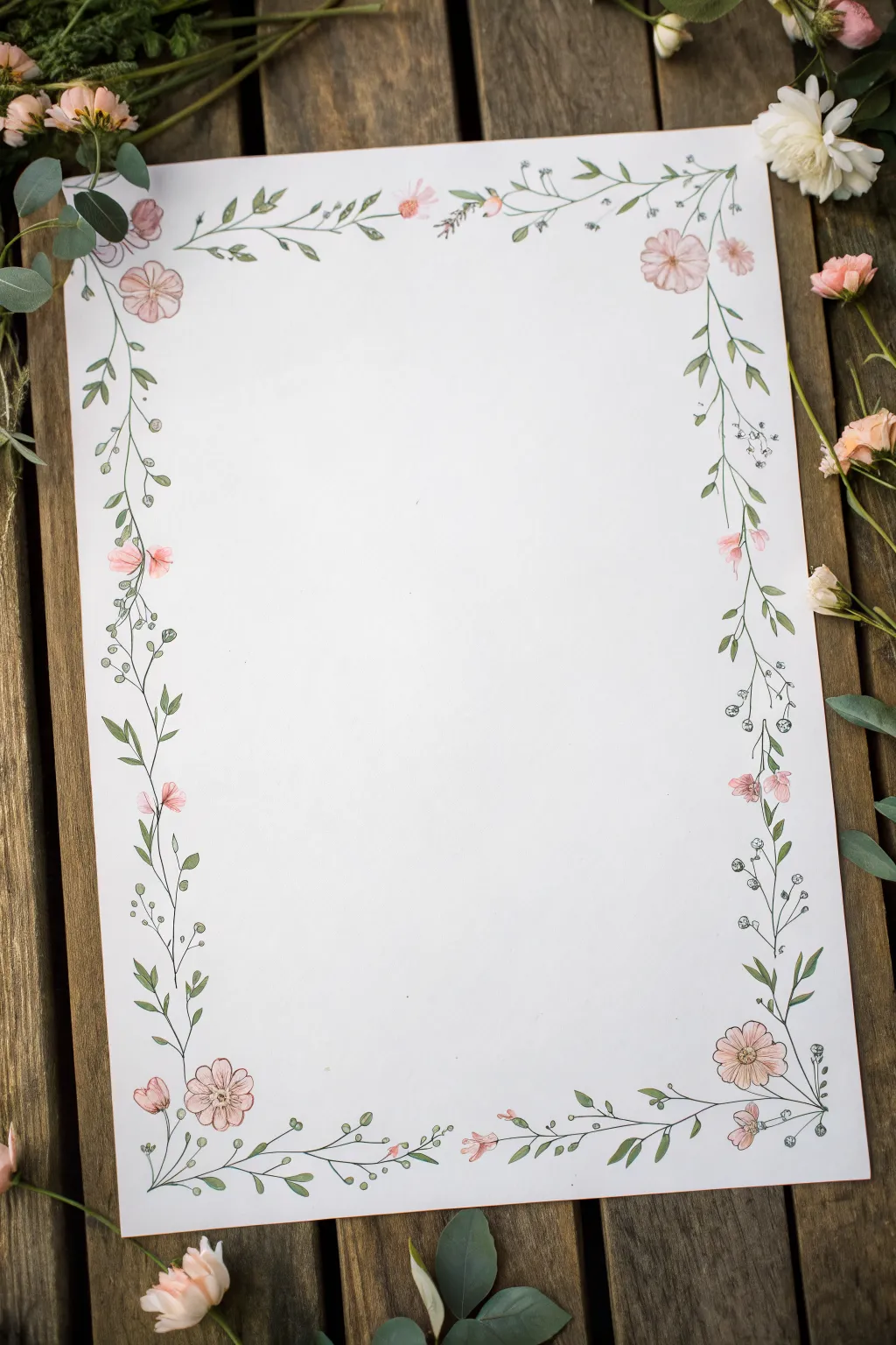 Tiny flower garland border with fine black lines and soft blush and sage accents, clean and airy.