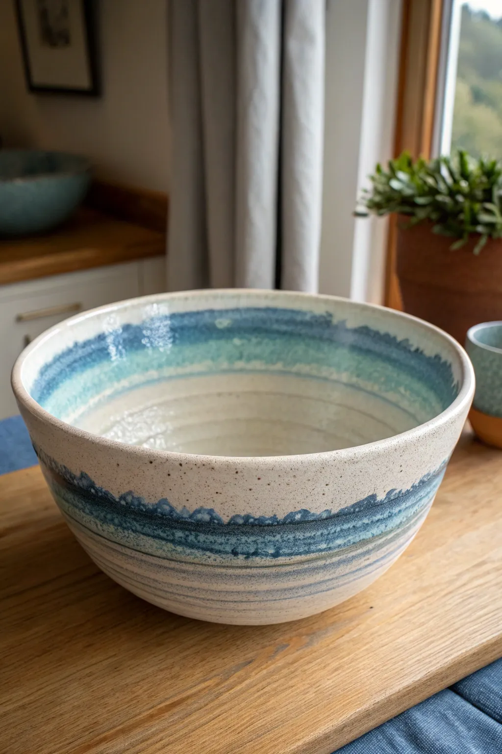 Hand-painted bowl with layered blue wave banding for a calm, coastal minimalist look.