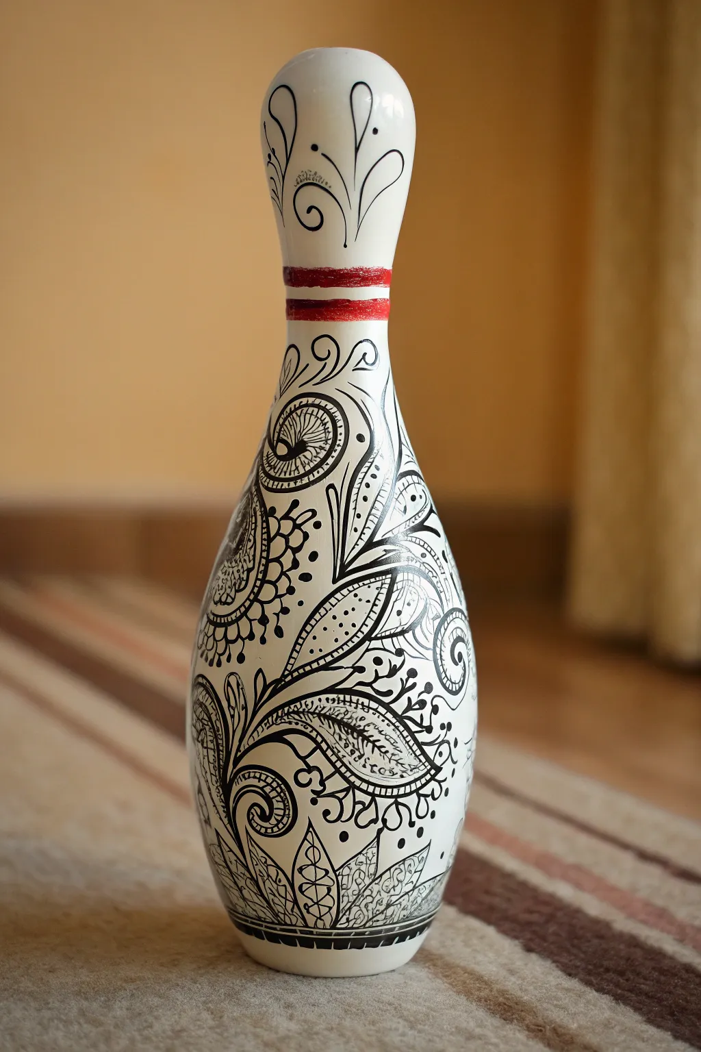 Black-and-white doodle bowling pin with dense swirls, petals, and geometric pattern detail