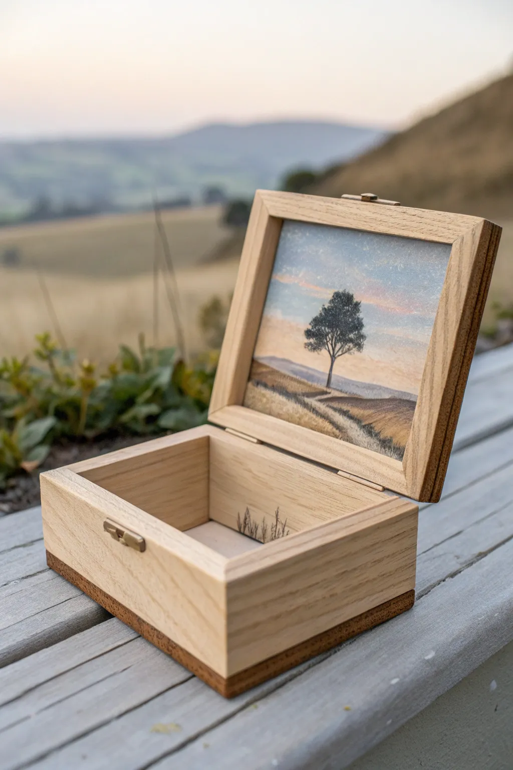 A tiny landscape on a wooden box lid, minimalist and cozy with natural Scandinavian calm.