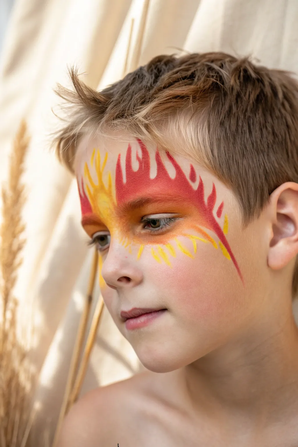 Flame face paint accent from brow to cheekbone, warm gradient with crisp outline.