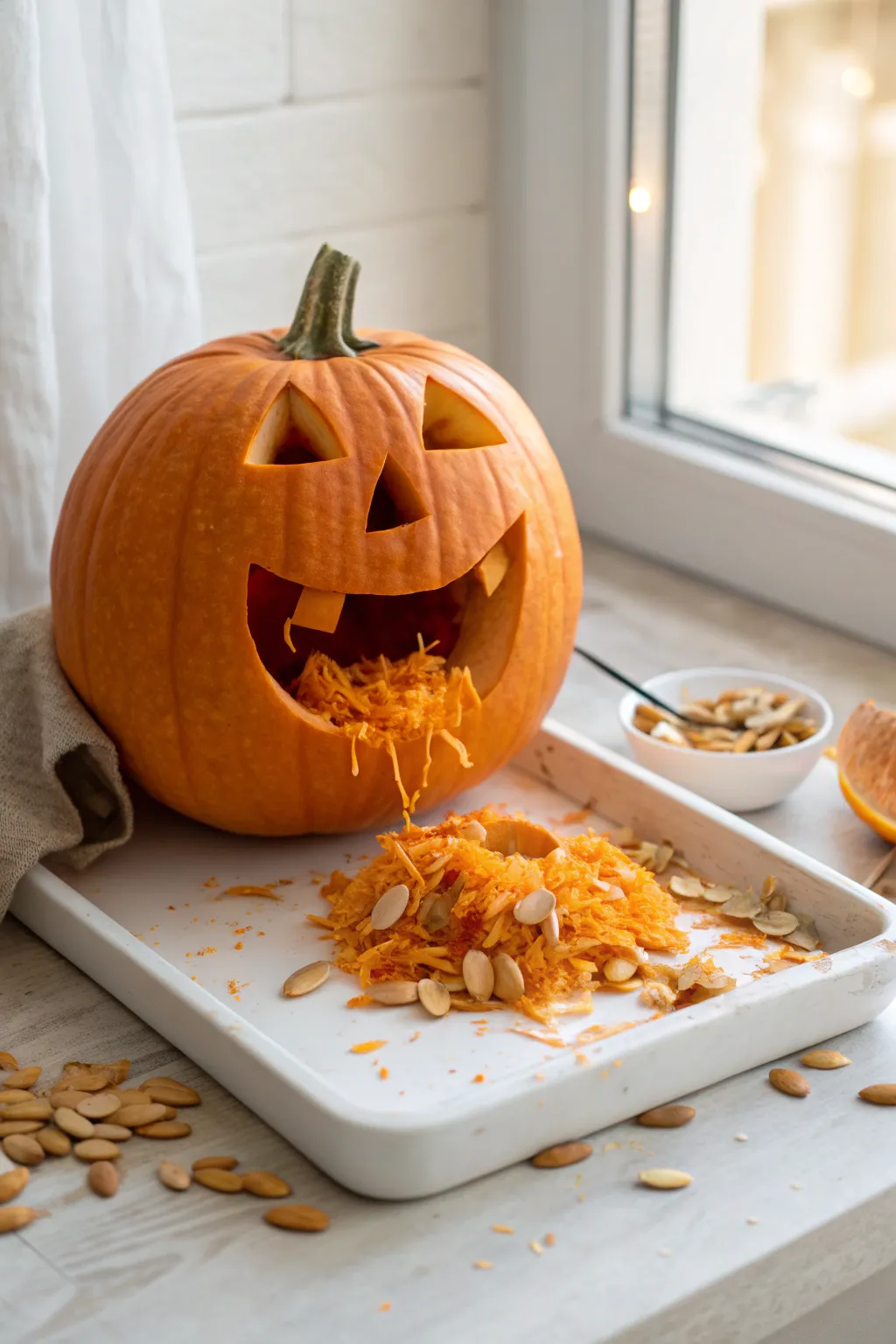 Puking pumpkin prank with seeds and stringy guts spilling out for the ultimate gross-out laugh