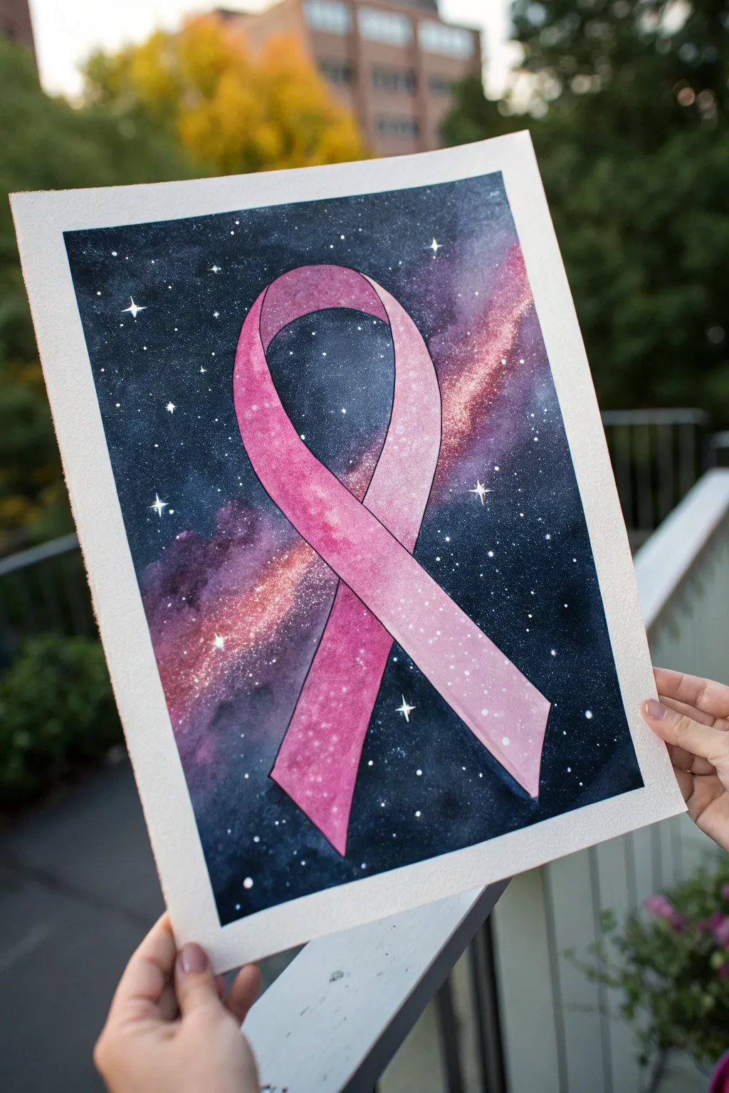 Paint a soft pink galaxy ribbon glowing in a deep starry sky, calm and hopeful for awareness.