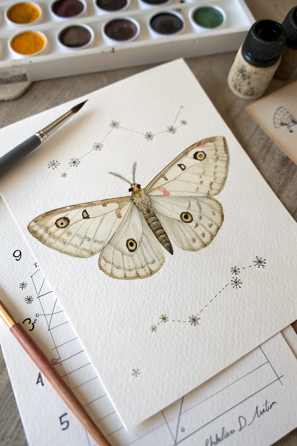 Minimalist insect study: one centered bug with delicate side sketches and calm Scandinavian style.