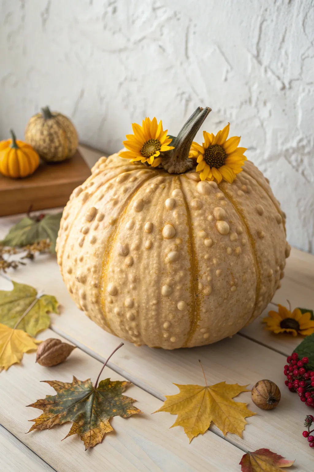 Sunflower-crowned bumpy pumpkin with textured bumps, cozy minimalist autumn palette.