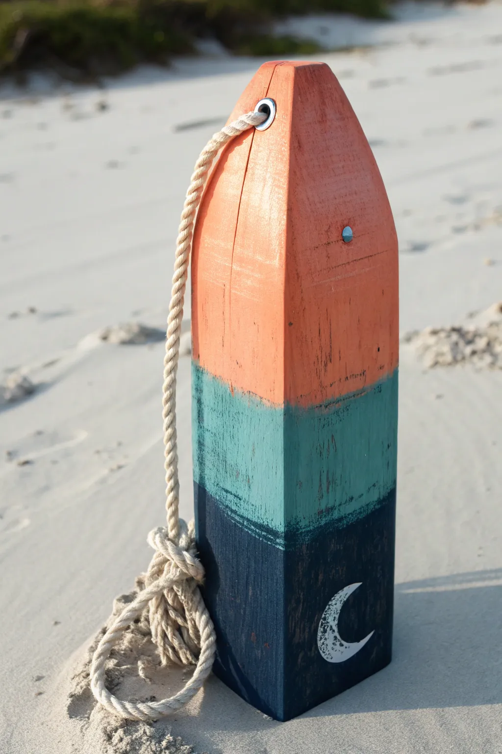 Sunset-to-night ombre buoy with a tiny moon reflection, minimalist and boho-inspired.