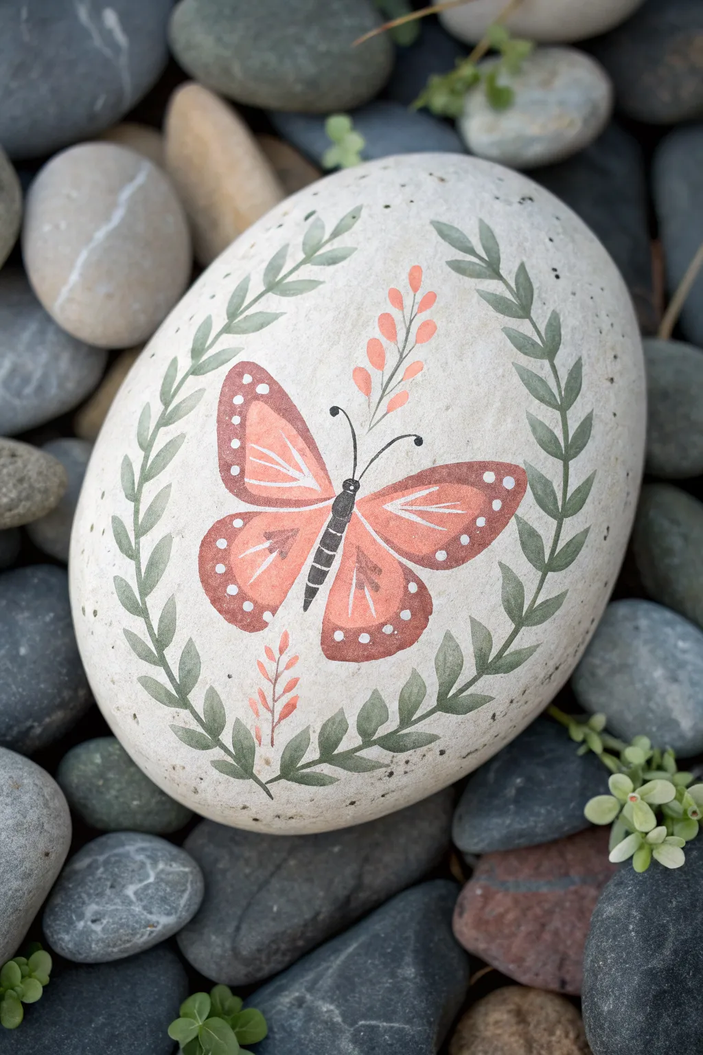 Minimal butterfly rock with an airy leafy vine frame, perfect for soft Scandinavian boho decor.