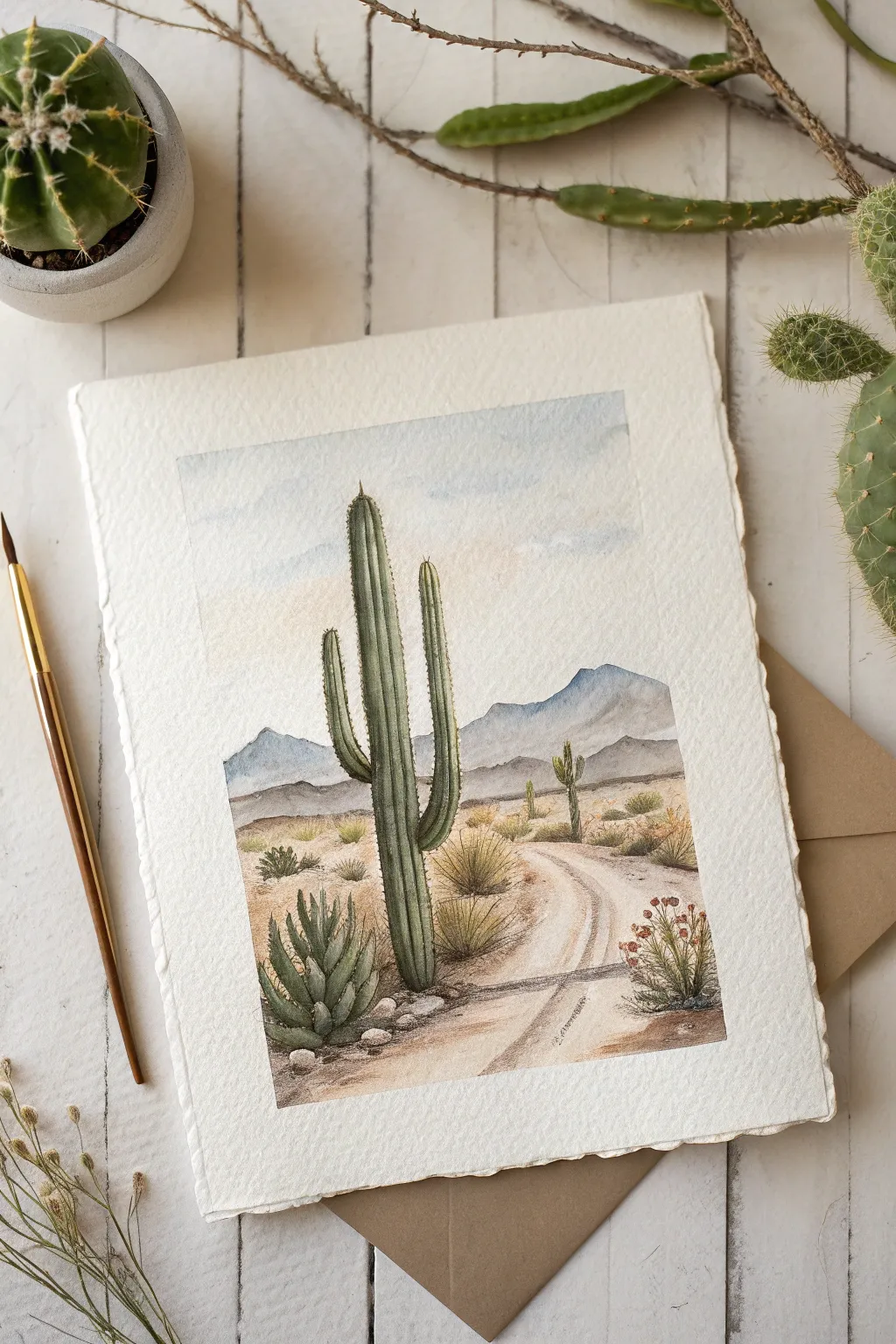 Minimal desert sketch: one bold cactus with soft dunes and airy sky for calm drawing ideas