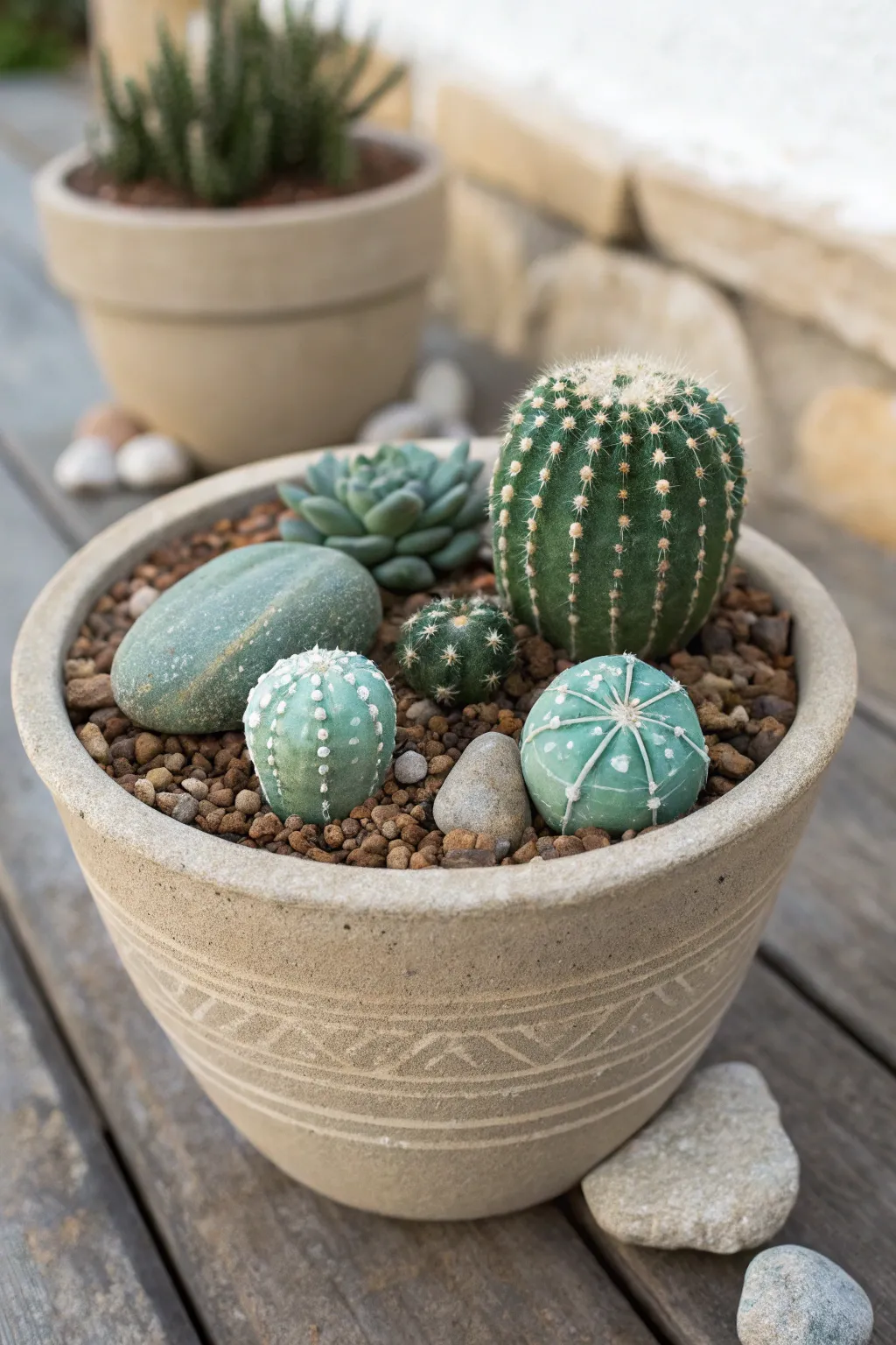 Speckled succulent cactus rocks in a minimalist pot, perfect for chic boho decor ideas