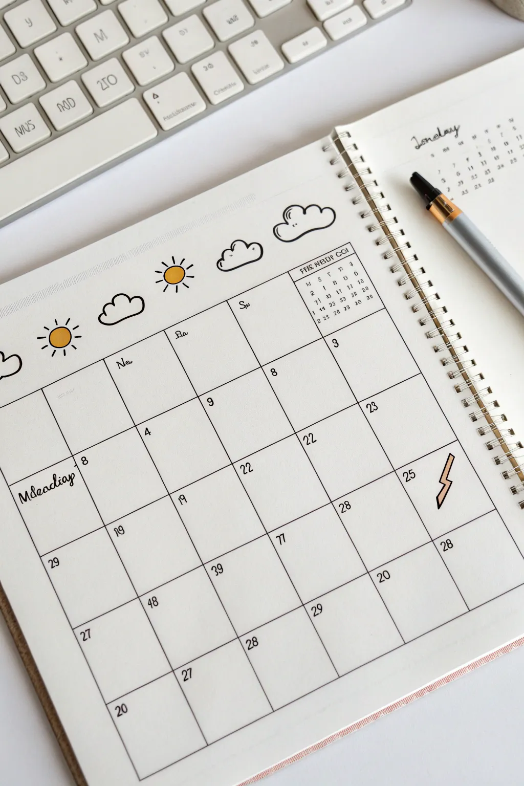 Minimal calendar page with tiny weather doodles in one accent color to top each week