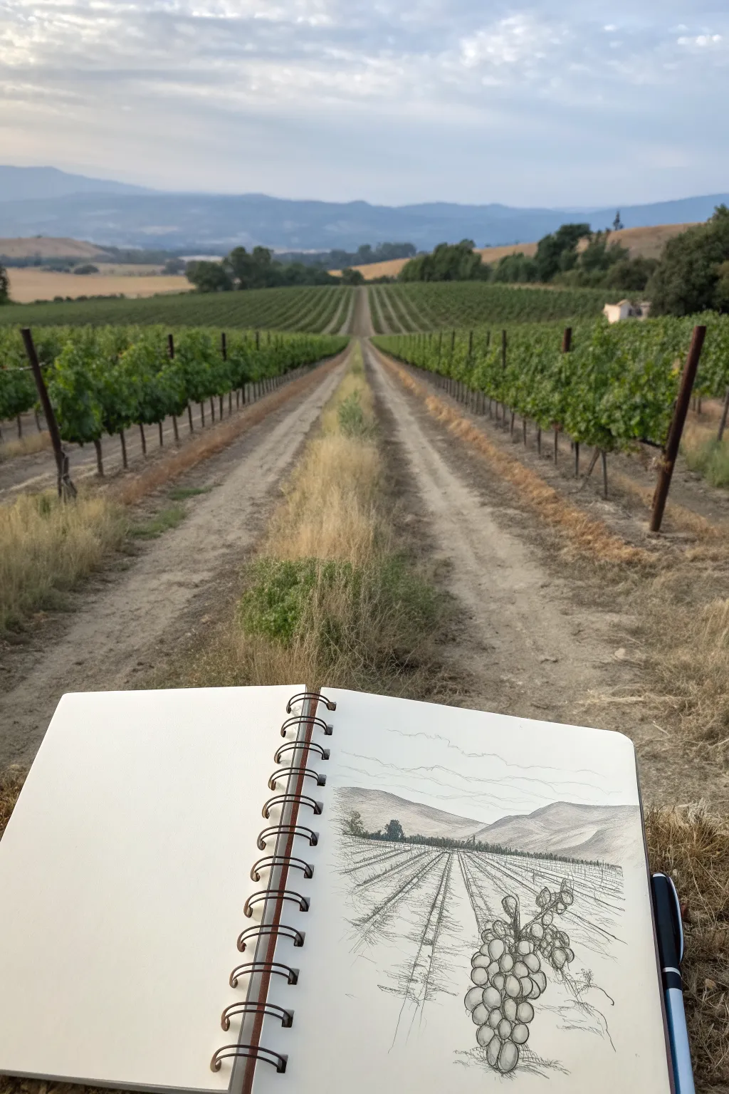 Draw California wine country with serene vineyard rows and crisp one-point perspective.