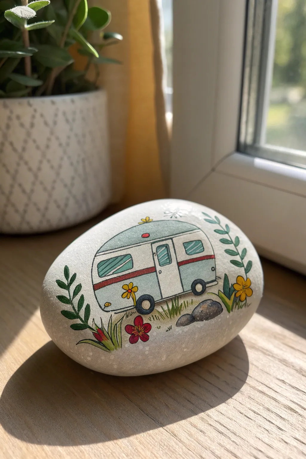 Spring camper rock painting framed by airy wildflowers in a minimal boho Scandinavian style
