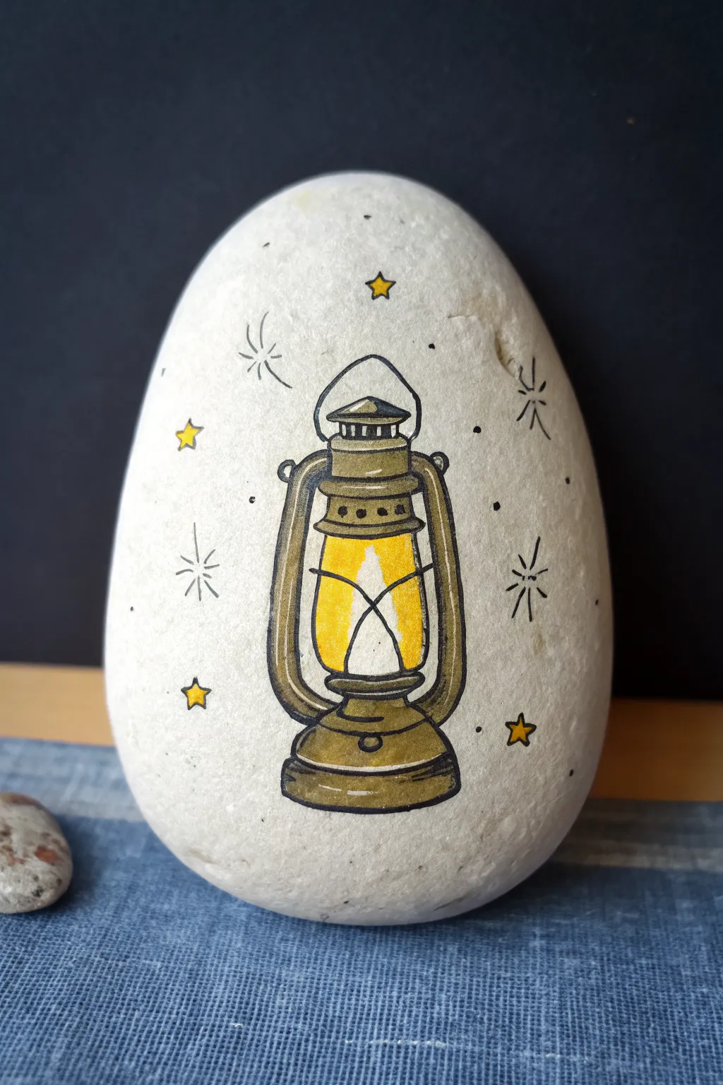 Cozy lantern glow painted on a smooth rock, perfect for dreamy campsite-inspired craft nights.
