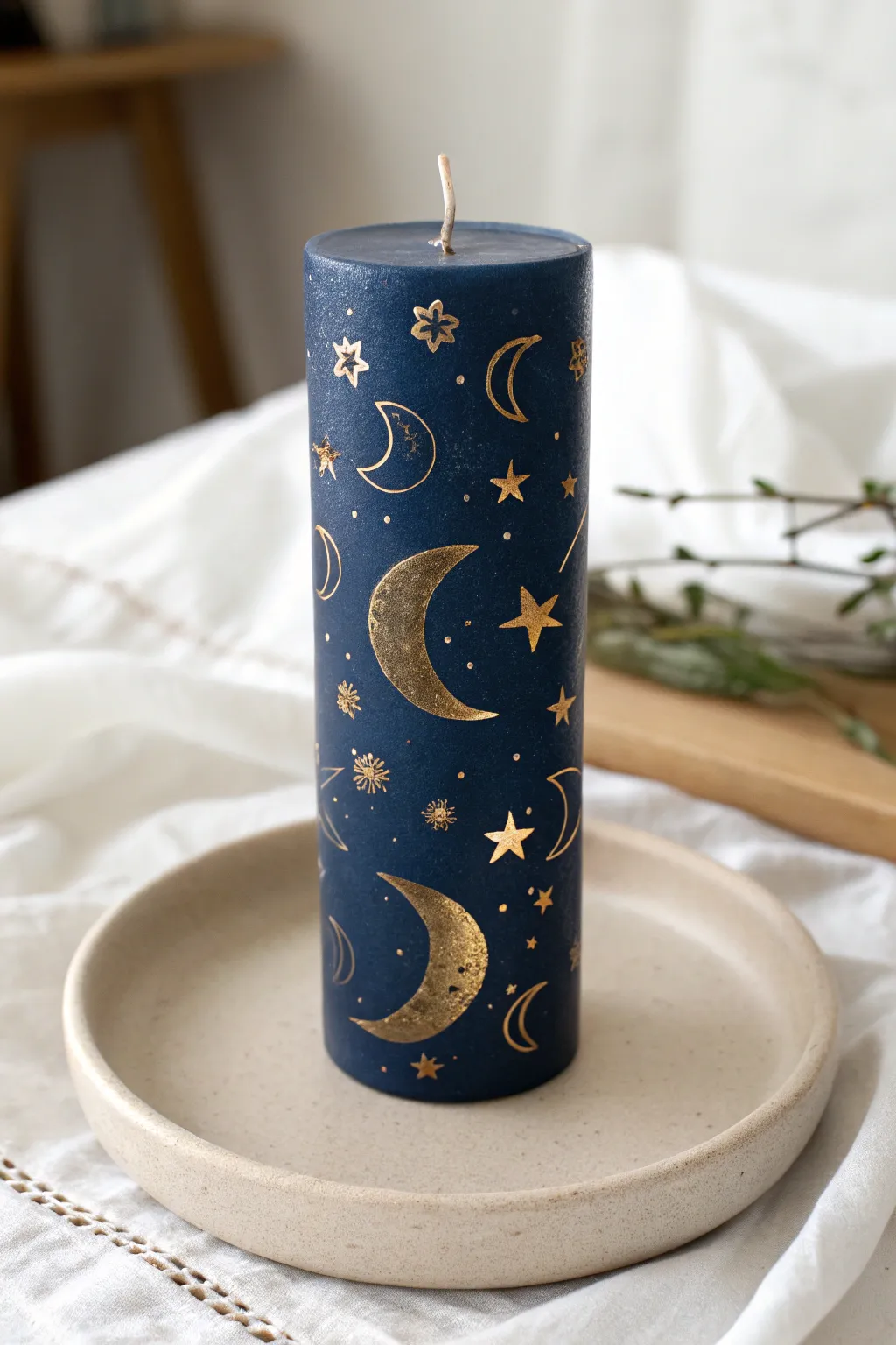 Create dreamy vibes with these hand-painted gold celestial moon candles.