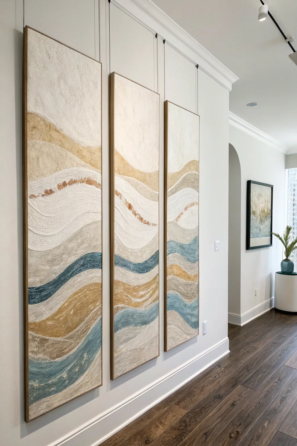 Elegant triptych abstract wave flowing across three canvases in calm Scandinavian tones