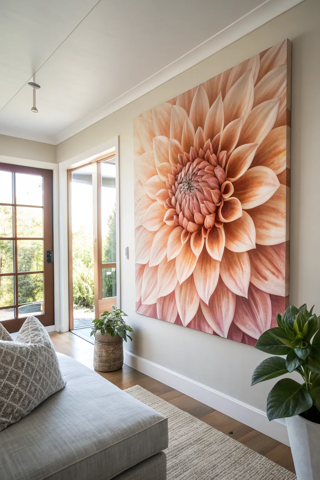 Macro flower canvas idea: one oversized bloom, bold color blocks, minimalist boho contrast