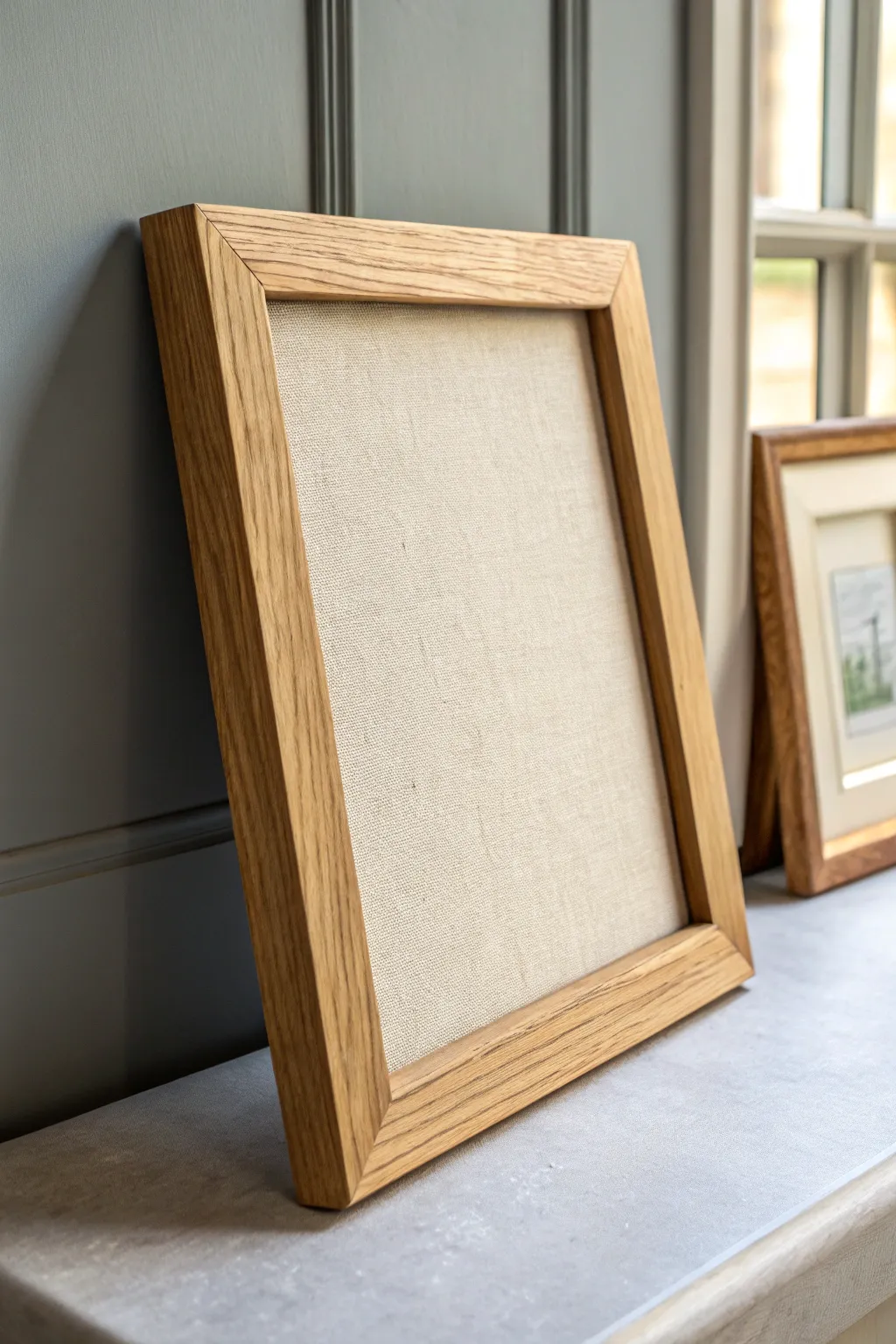 Canvas-on-panel inside a classic frame, front view with a subtle side reveal for a flush fit.
